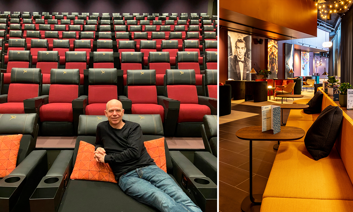 Biografdirektør Thomas Øgard slænger sig på forreste række i den nye sal 1. Til højre ses den nye lounge.