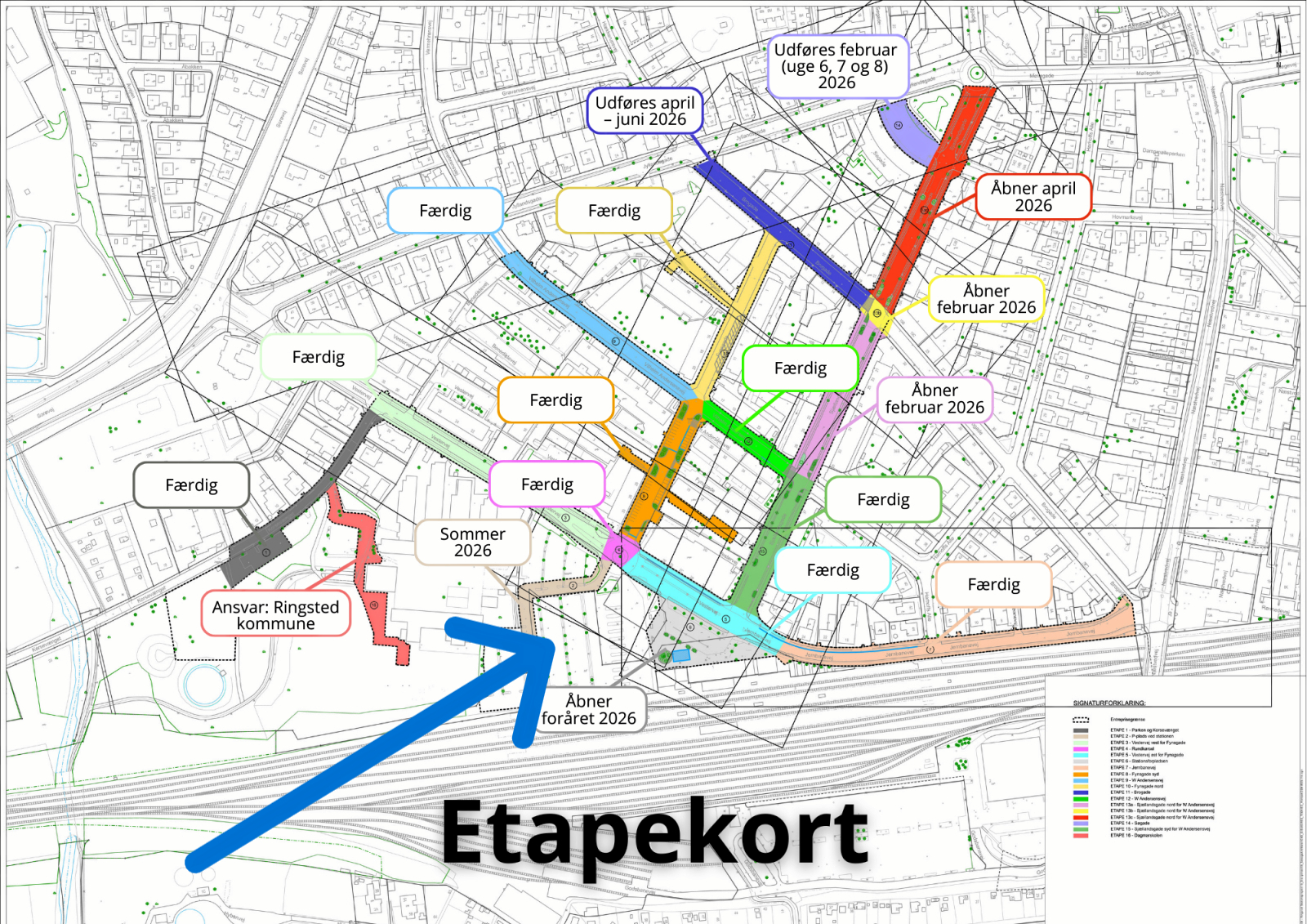 Etapekortet viser, at det store projekt skrider fremad. Pilen viser parkeringspladsen, hvor der arbejdes fra mandag.
