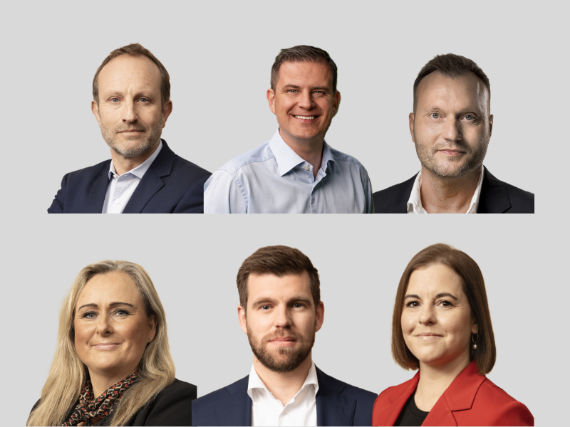 Martin Lidegaard (B), Rune Kristensen (C), Lars Boje Mathiesen (H), Charlotte Bagge (M), Morten Dahlin (V) og Susie Jessen (Æ).