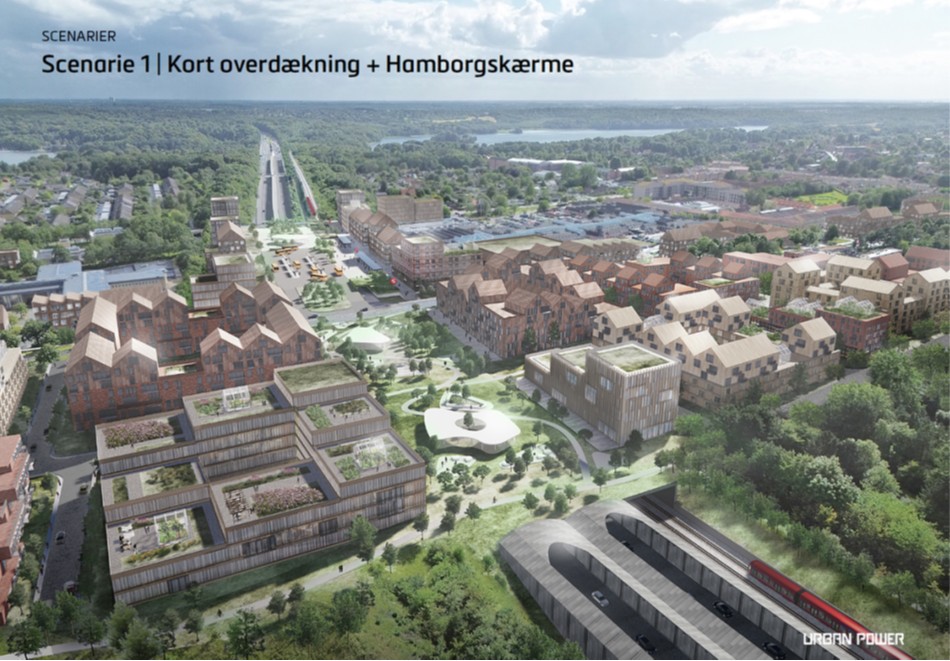 Overdækningen af 450 meter af Hillerødmotorvejen gennem Farum, som den kunne se ud. Overdækningen skal suppleres med såkaldte Hamborg-støjskærme med vandret udhæng på resten af strækningen gennem byen.