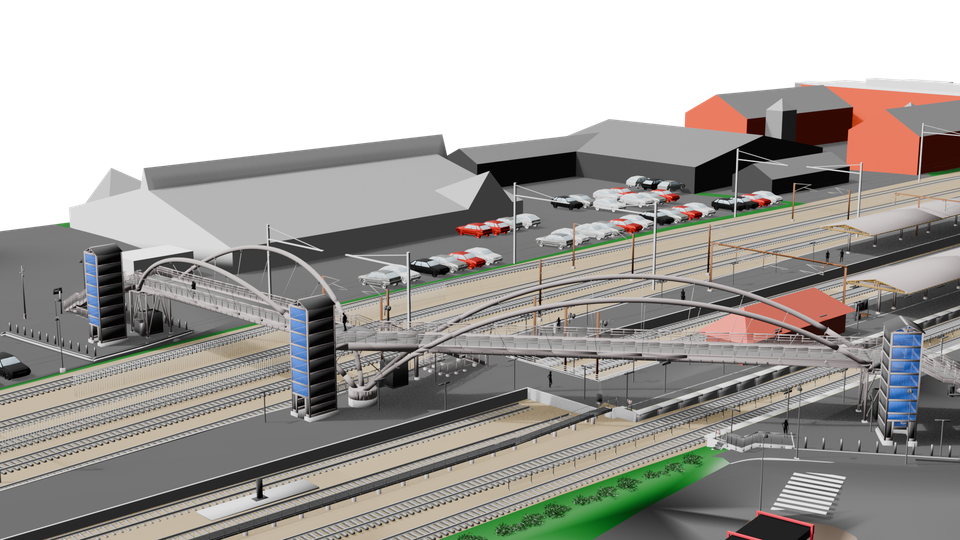 Visualisering af den kommende Hillerød Station. Ifølge en præsentation fra Banedanmark er det ikke undersøgt, om broen kan håndtere alle passagererne.