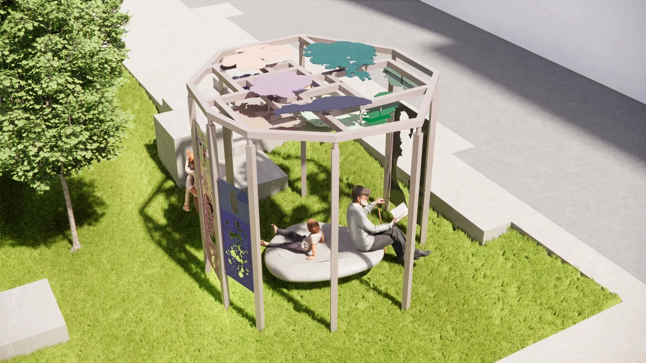 Plantely består af en åben pavillon og en fritstående skulptur - Presse Plantely består af en åben pavillon og en fritstående skulptur