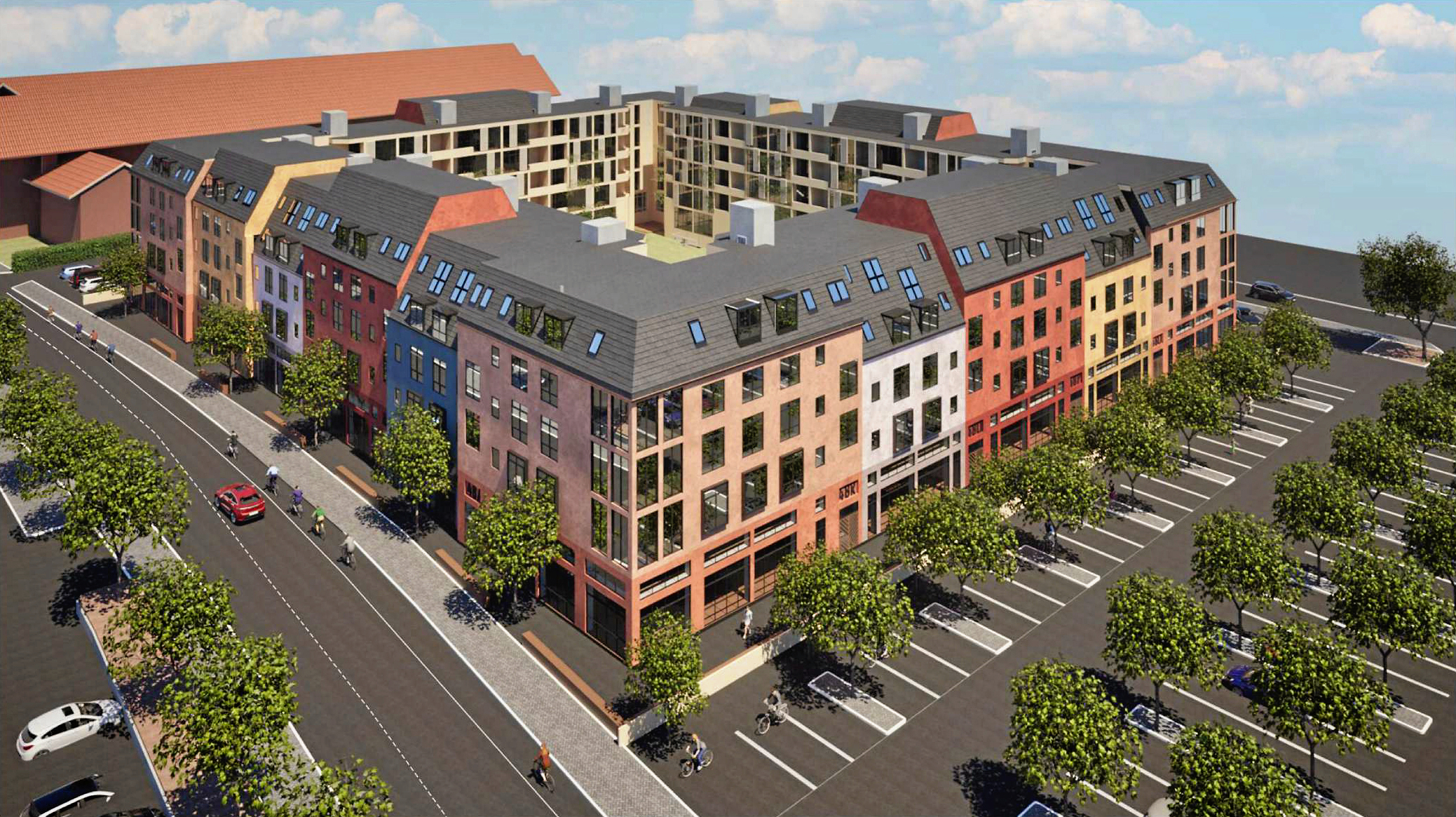 Visualisering af femetagers byggeri på Bredgade 48-50 i Kalundborg, hvor der lige nu er XL-Byg Meredin.