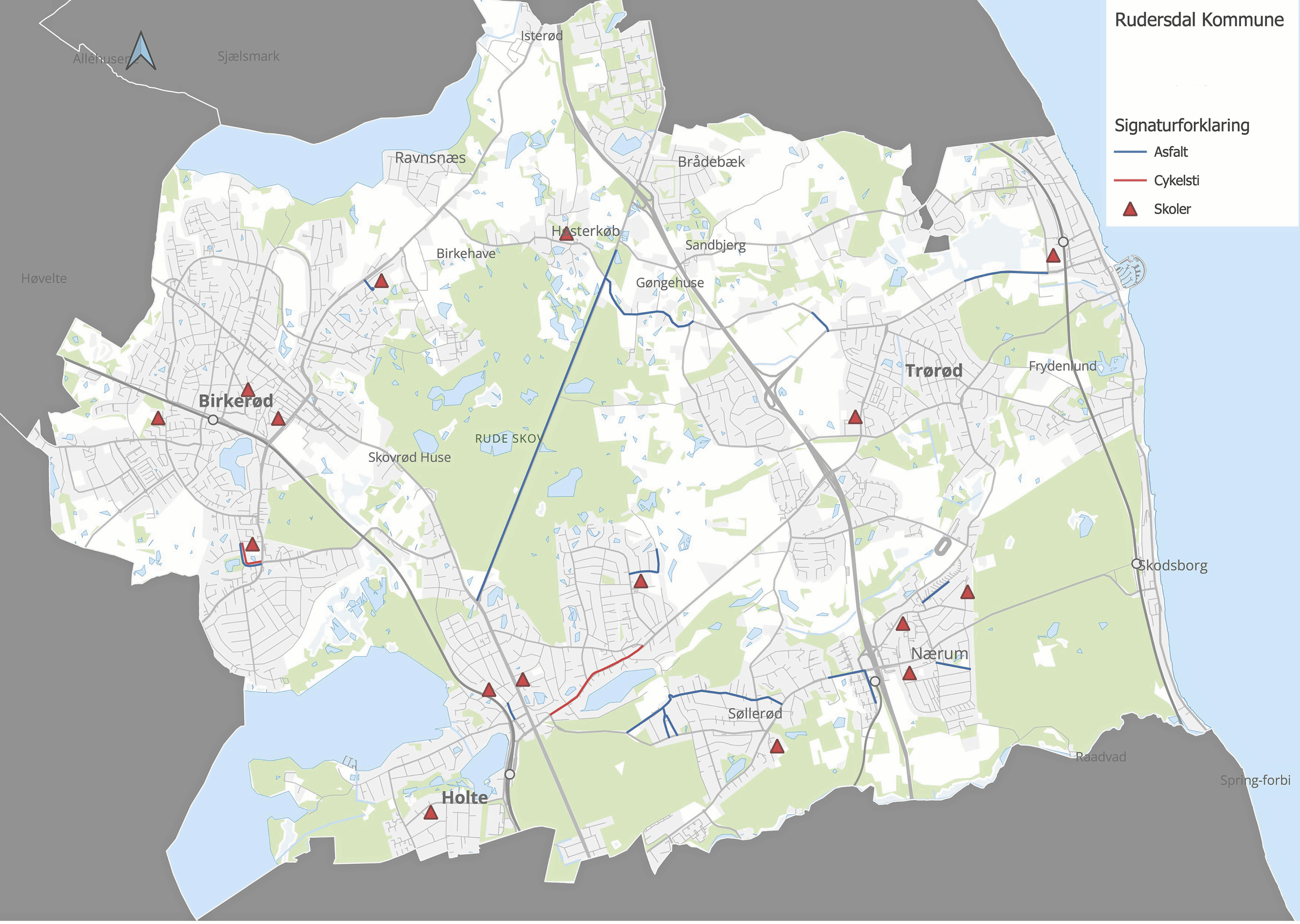 Kortet viser de veje og cykelstier, hvor der skal lægges ny asfalt i 2026.
