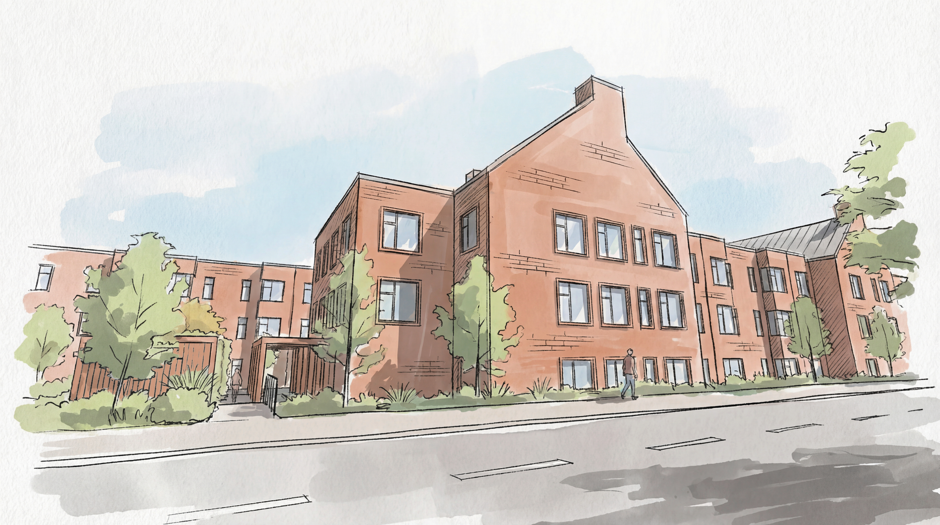 Håndskitse af Lyngbygårdsvej Friplejehjem, hvortil der nu forventes lokalplan i høring i løbet af sommeren.