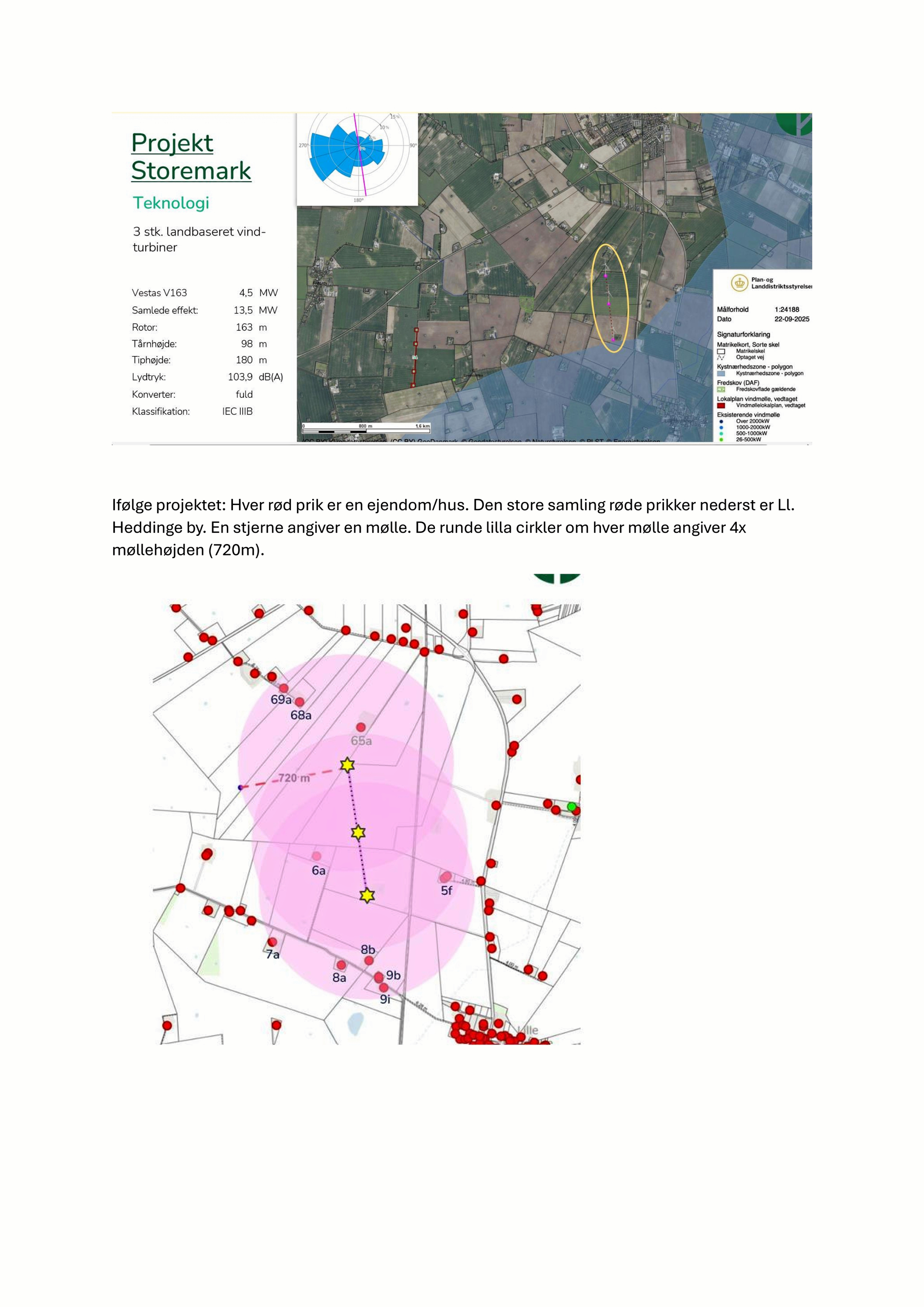 Kort over vindmølleprojekt, som det blev præsenteret for de nærmeste naboer i januar i år. Siden er planerne ændret, hvilket har haft indflydelse på placering samt antallet af møller.