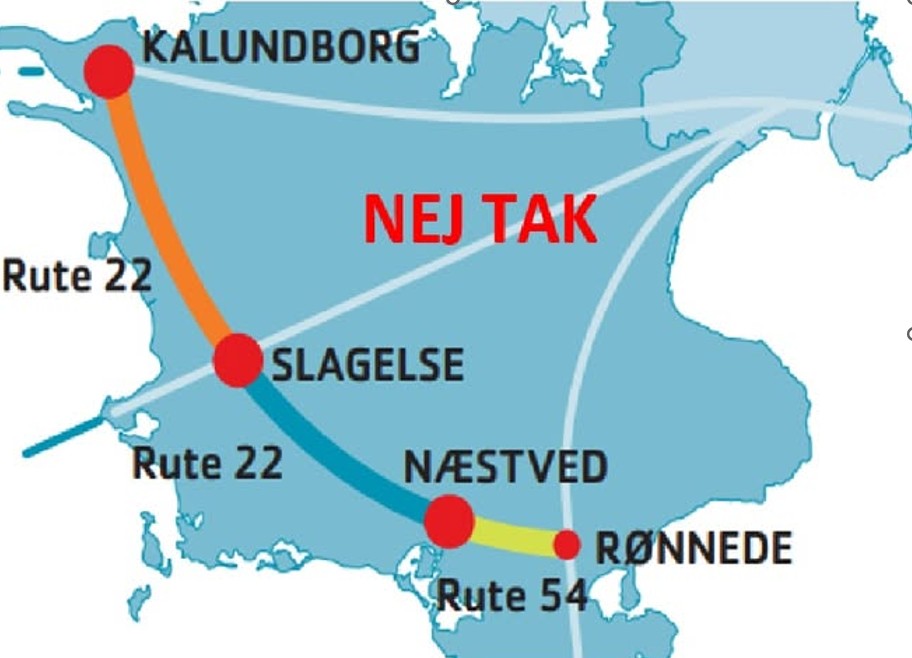 Illustration af ruten for den tiltænkte Tværmotovej over Vestsjælland.