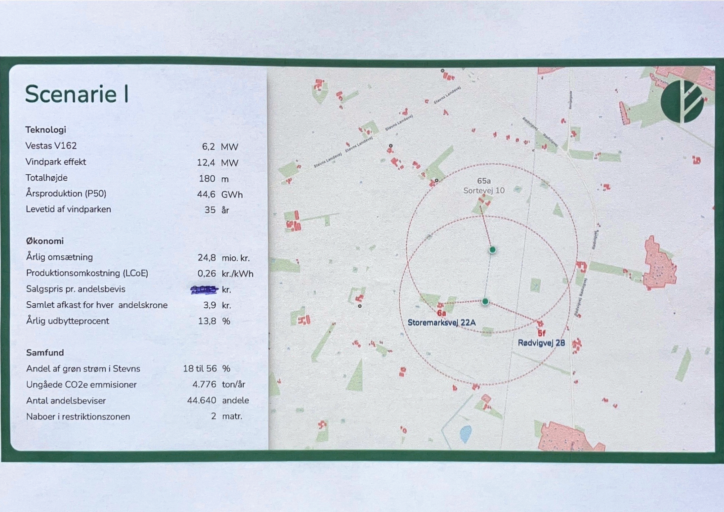 Et kort fra Sydstevns Energifællesskab angiver den ønskede placering af de to møller, der nu er en del af vindmølleprojektet, som energifællesskabet håber at kunne gennemføre.
