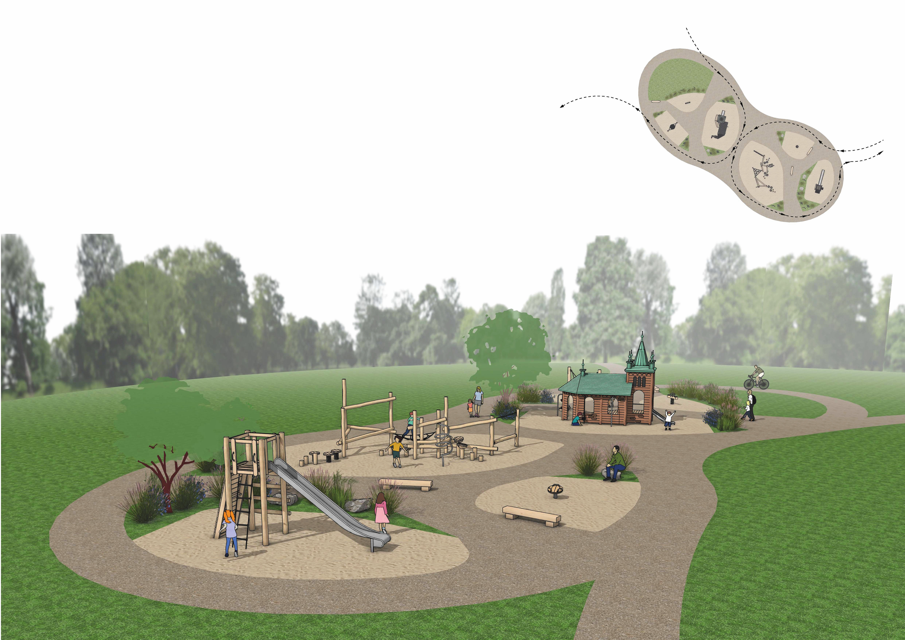 Den nye legeplads på sportsarealet ved Hovedgaden skal stå klar til juni og være med til at styrke byens fællesskab.