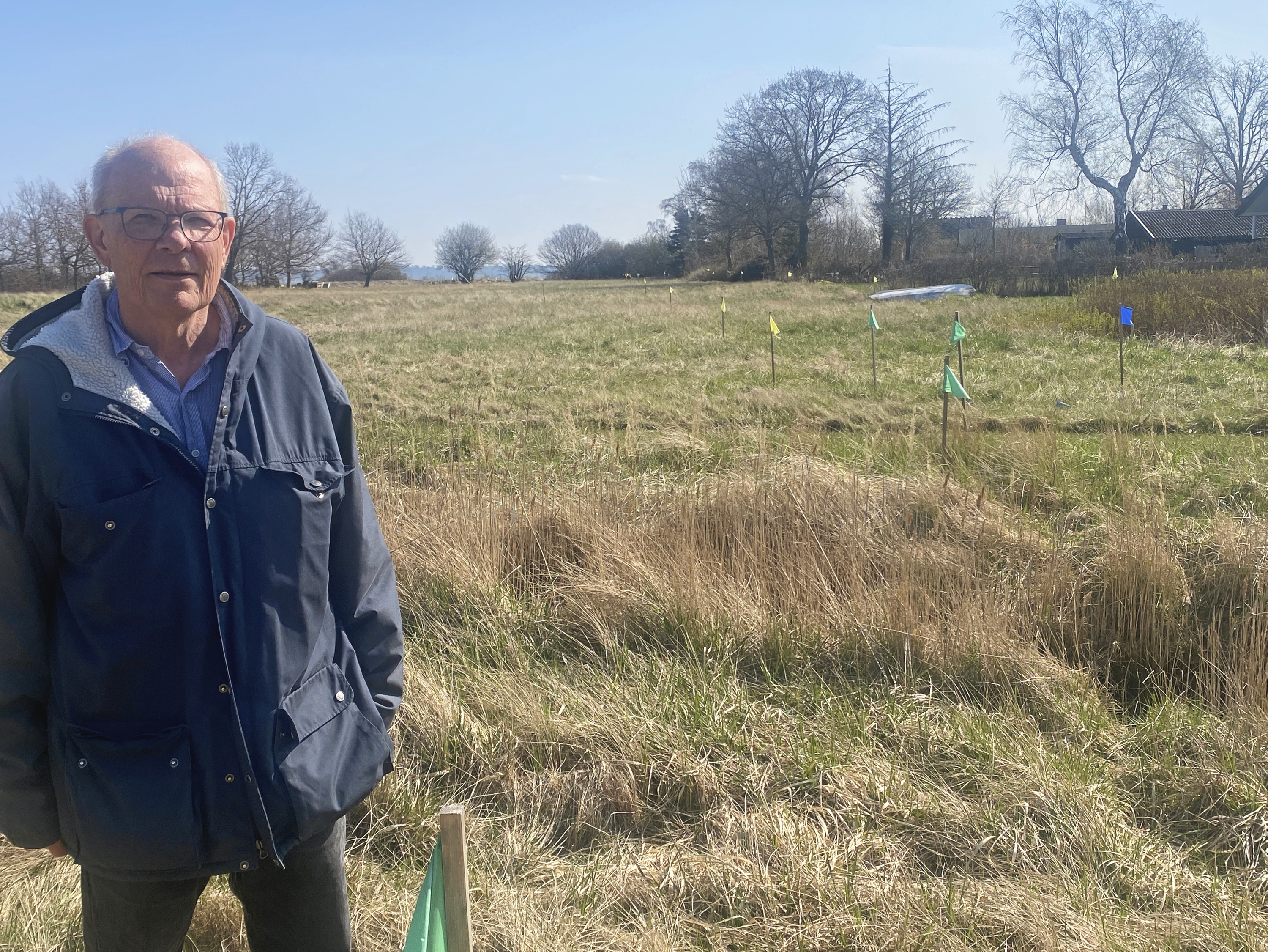 Jesper Kihl er formand for Kulhuse Digelaug. Mere end 11 års kamp for et nye dige er ved at nå sin afslutning, men først skal området igennem en sommer med byggerod. Flagene viser, hvor det nye dige kommer til at ligge.