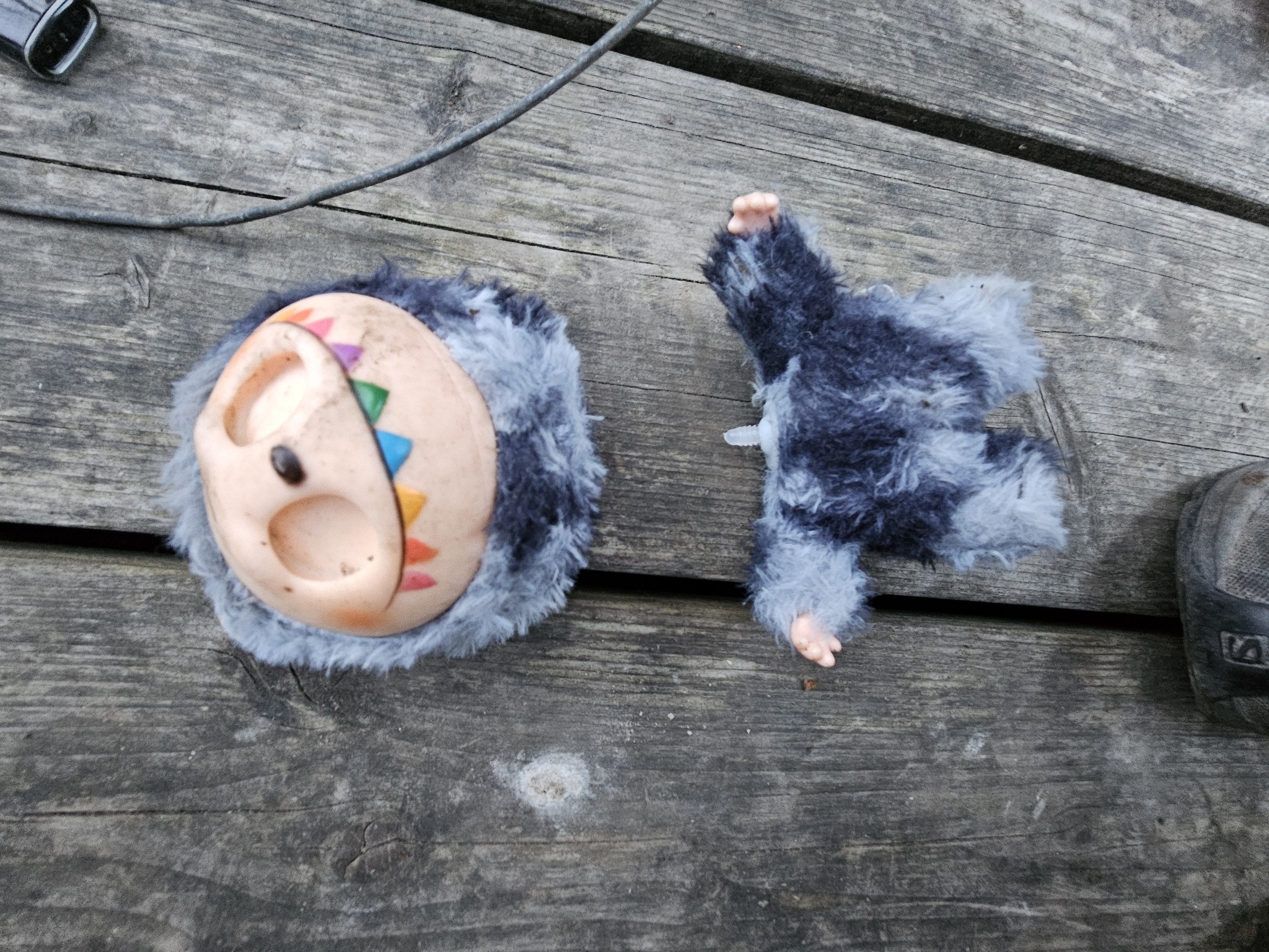 Her er en af de ting, spejderne fandt, da de samlede skrald - et tøjdyr, der ligner de kinesiske tøjdyr Labubu, som er blevet et globalt modefænomen. Den lå på skovbunden.