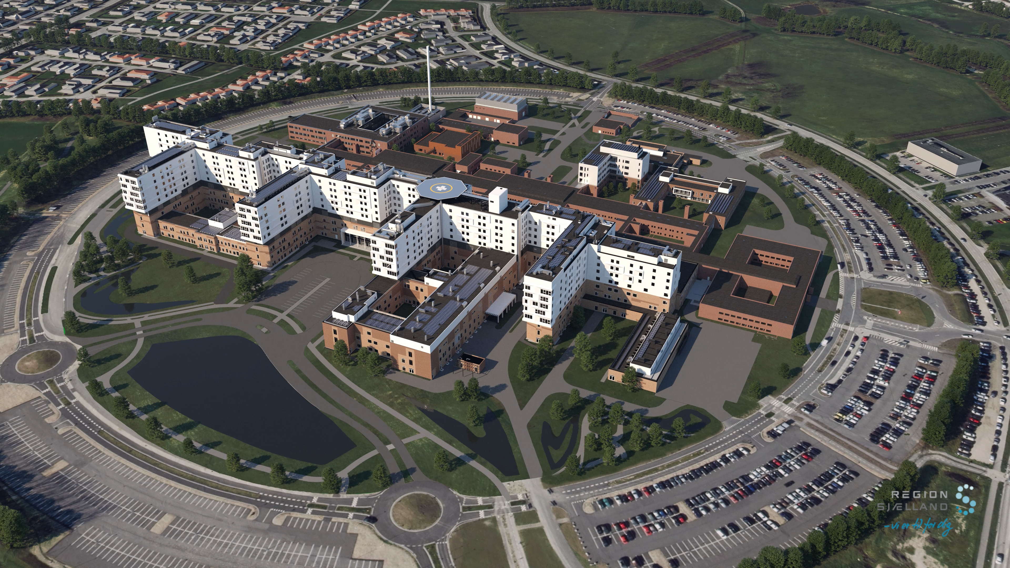Oversigtstegning af Sjællands Universitetshospital i Køge, som det skal se ud, når det er helt færdigt.
