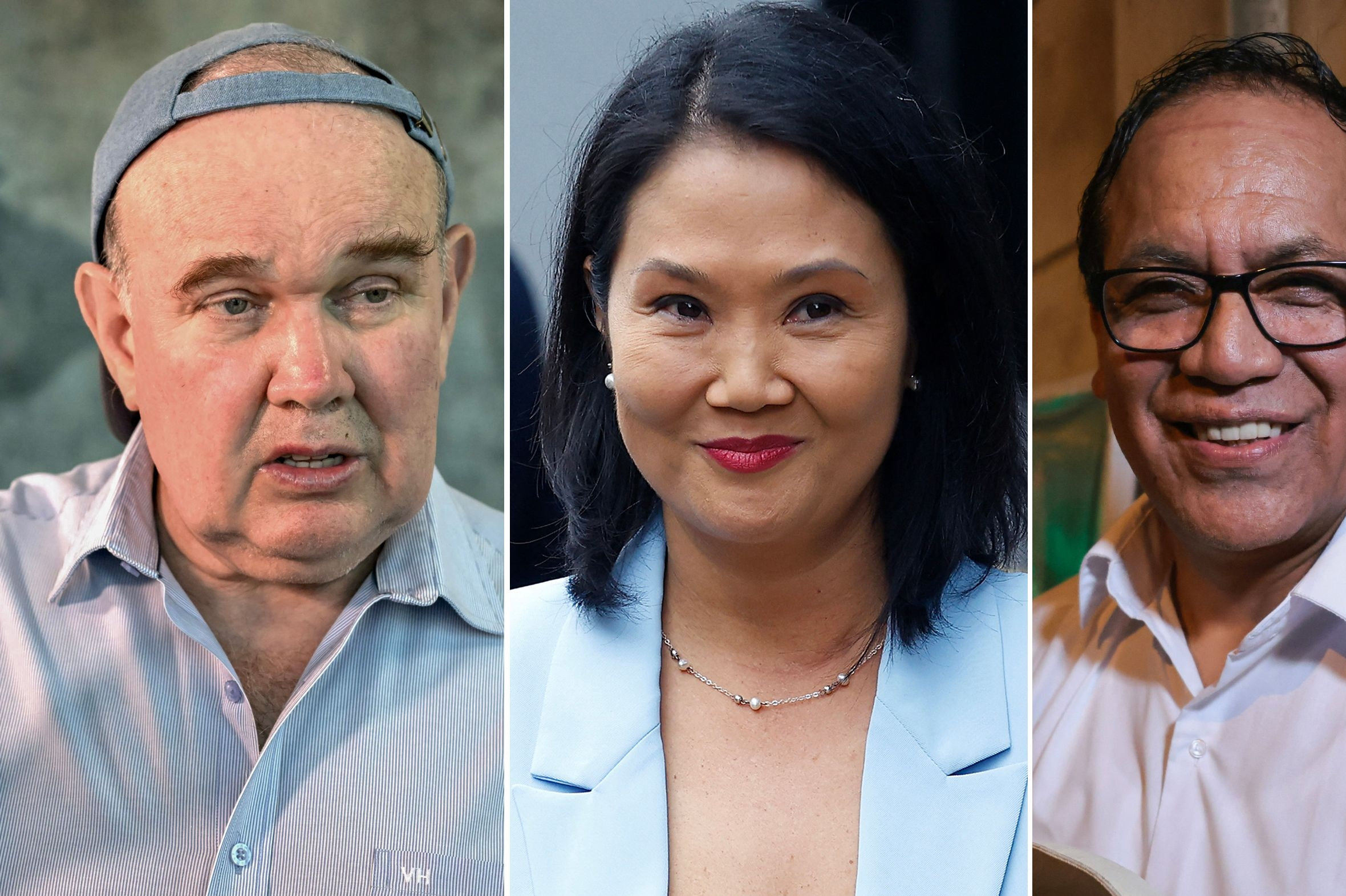 Rafael Lopez Aliaga (til venstre), Keiko Fujimori (i midten) og Roberto Sanchez (til højre) er fortsat i spil til at blive præsident i Peru. Fujimori har fået flest stemmer i første valgrunde, mens det er tæt mellem de to andre kandidater. Anden valgrunde foregår den 7. juni. (Arkivfoto).