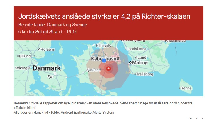 Jordskælvet havde epicenter i Køge Bugt. Denne hjemmeside angav sytkren til 4,2 lige efter skælvet. Senere slog GEUS fast, at de havde målt styrken til 3,9.