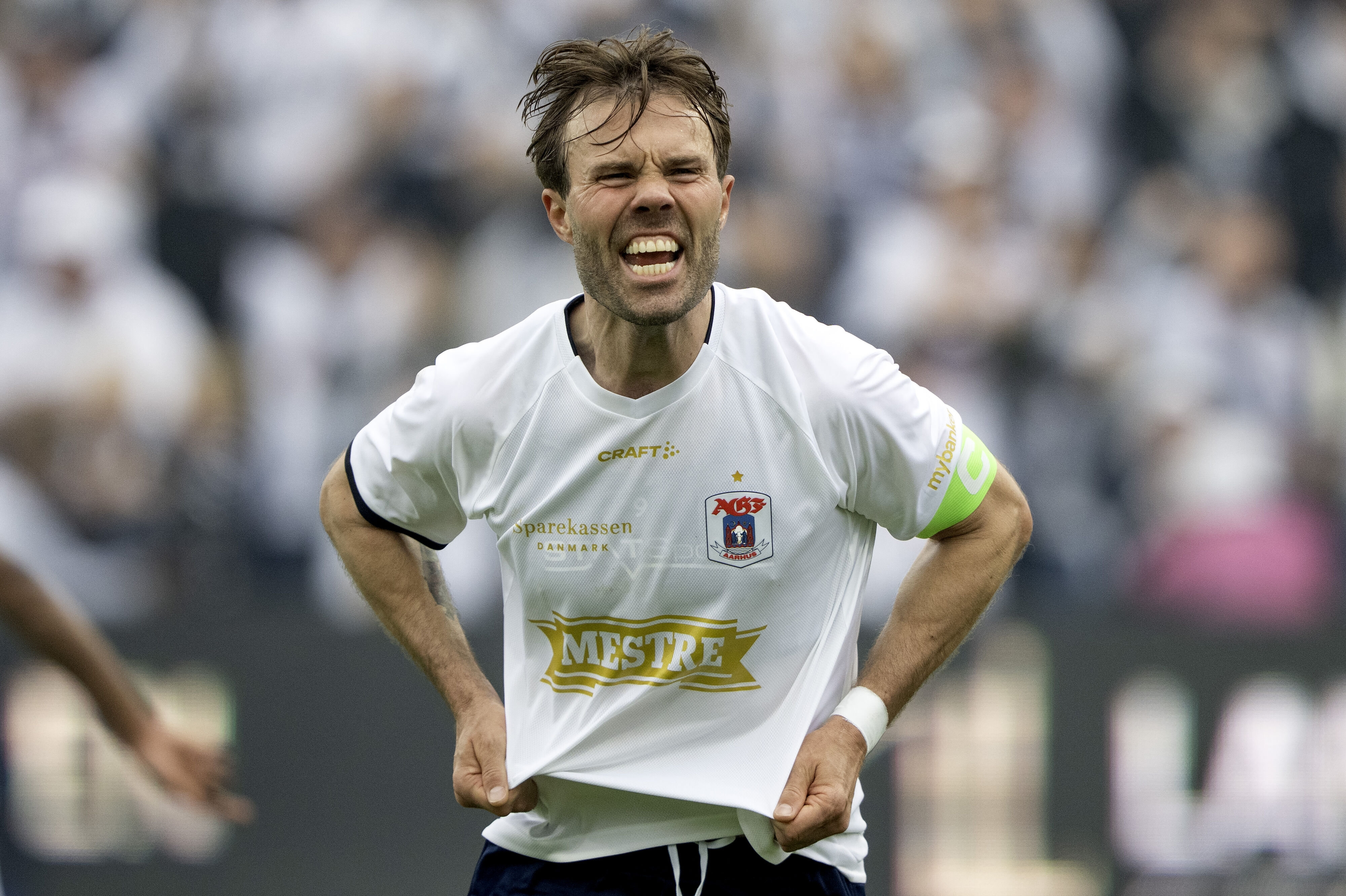 Patrick Mortensen var som anfører med til at vinde DM-guld med AGF. Fremover skal han spille for Brøndby. (Arkivfoto).