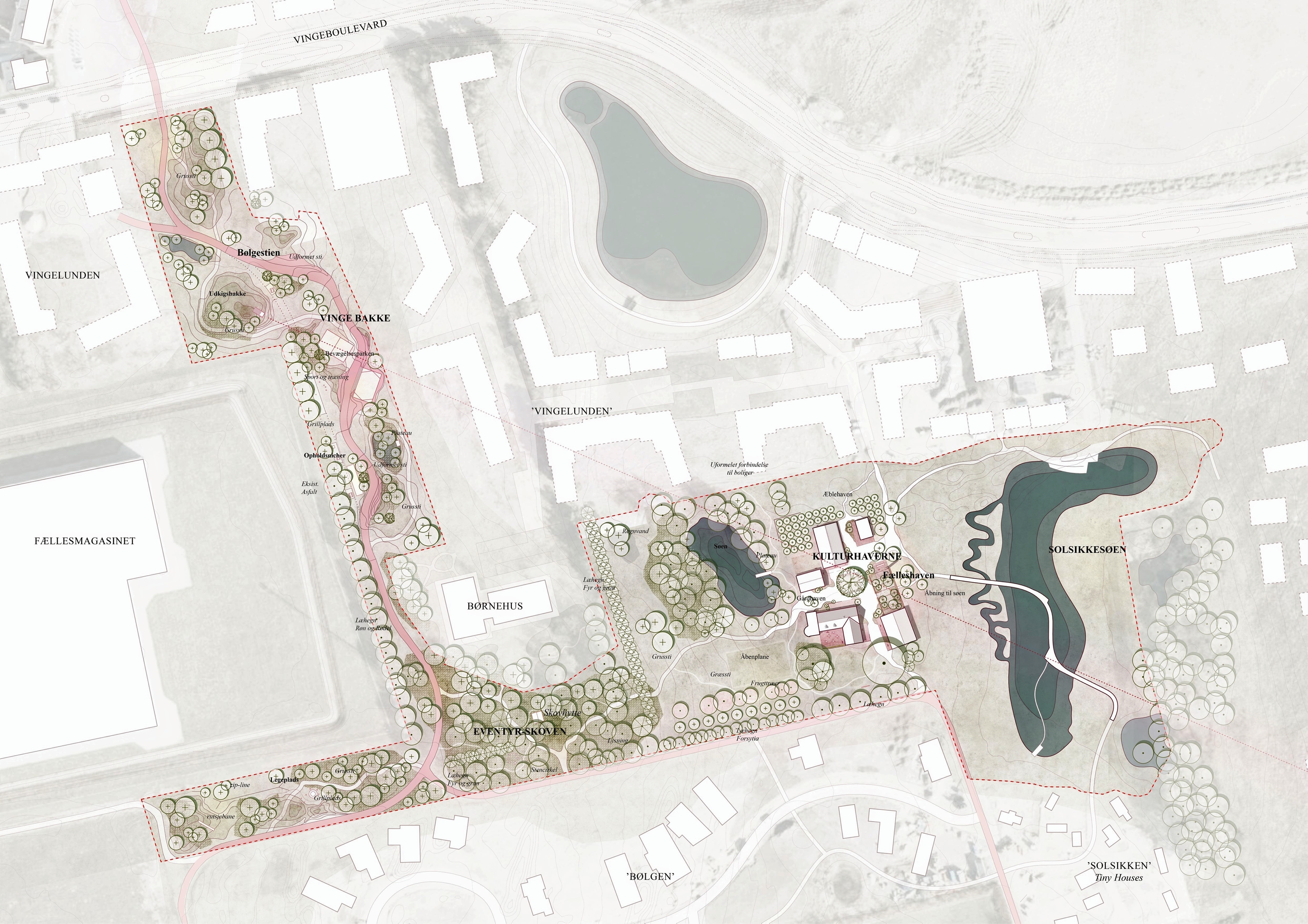 I projektet arbejdes der med nænsom udvikling af beplantning, bygninger og stiforløb, så områdets landskabelige karakter bevares og styrkes. - Illustration Frederikssund Kommune I projektet arbejdes der med nænsom udvikling af beplantning, bygninger og stiforløb, så områdets landskabelige karakter bevares og styrkes.