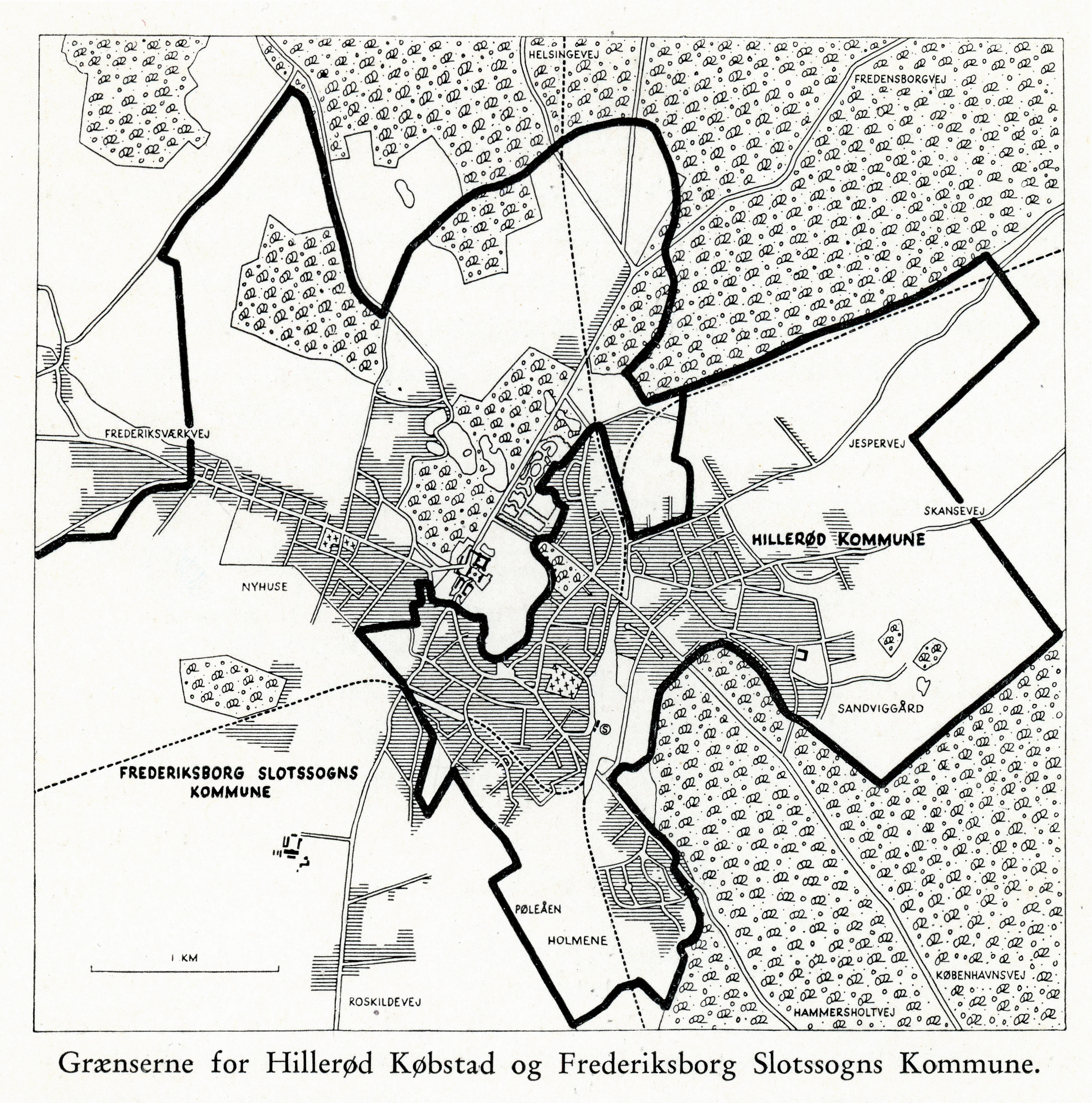 Bykort fra 1930’erne der viser grænsedragningerne mellem Hillerød Købstad og Frederiksborg Slotssogn. - Lokalhistorie Arkiv Hillerød Bykort fra 1930’erne der viser grænsedragningerne mellem Hillerød Købstad og Frederiksborg Slotssogn.