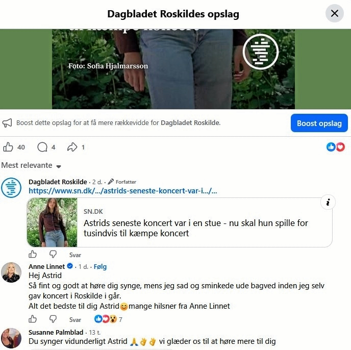 Anne Linnet har efterladt en hilsen til Astrid Bondo, som spillede før hende i Byparken, på Dagbladet Roskildes facebookside.