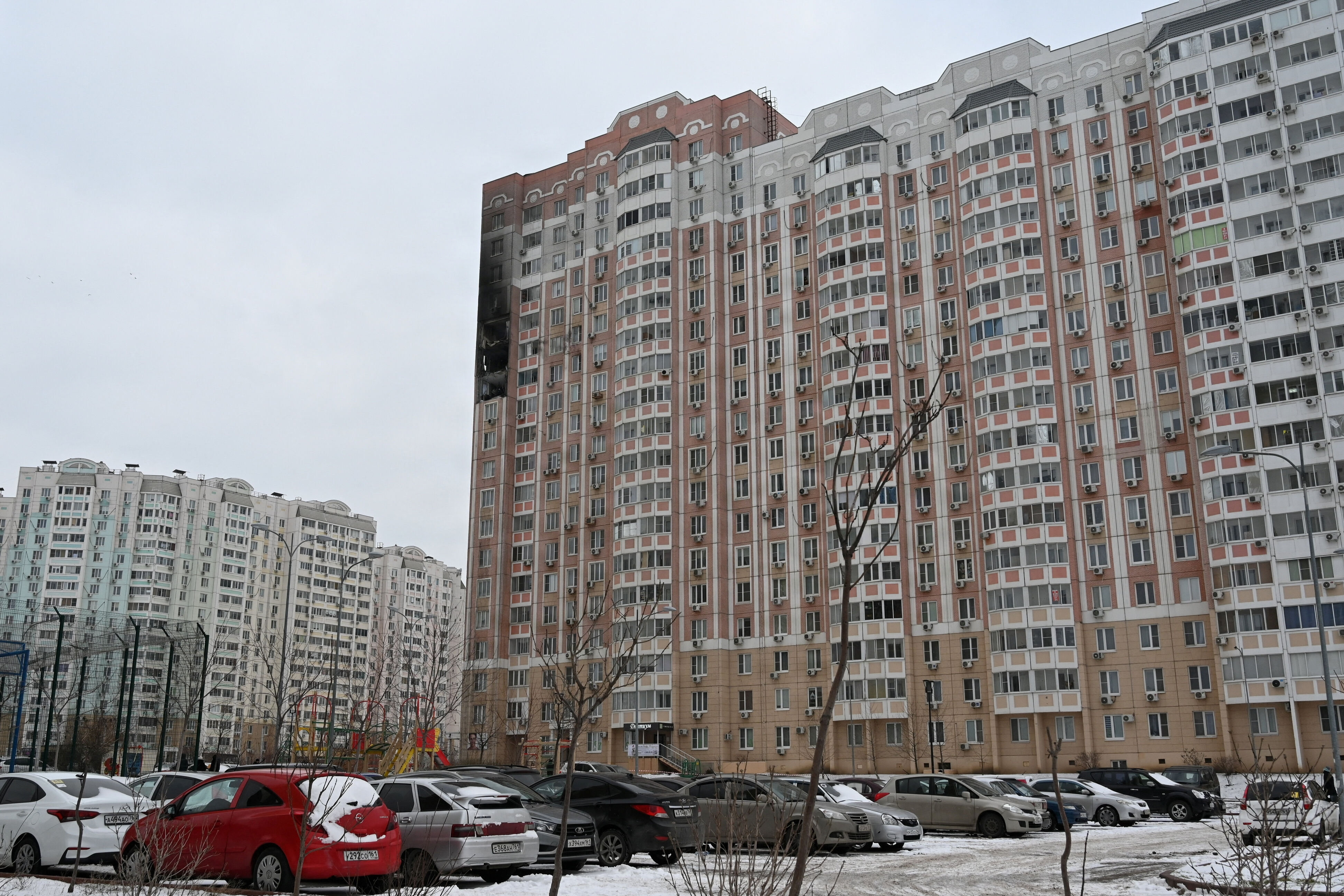 En beboelsesejendom i den russiske by Rostov ved Don blev i januar ramt af vragrester fra en drone. Et ægtepar har natten til mandag mistet livet som følge af et ukrainsk droneangreb, melder guvernør. (Arkivfoto).