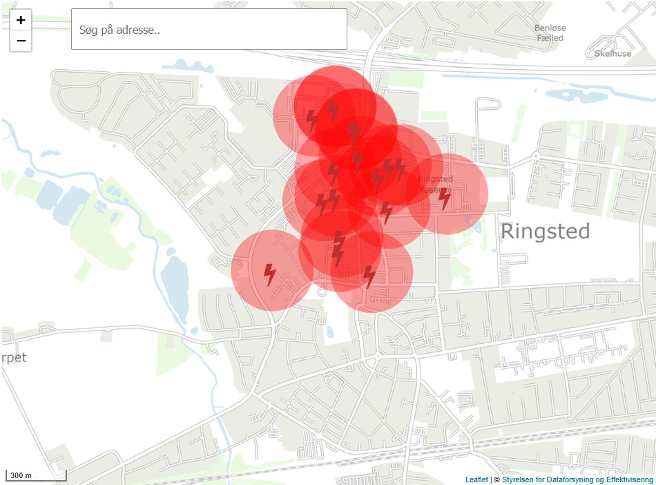 Sådan så kortet over strømafbrydelser ud klokken 15.30 torsdag eftermiddag. Læg mærke til, at Lystanlægget med Ringsted Festival lige nøjagtig ikke er berørt.