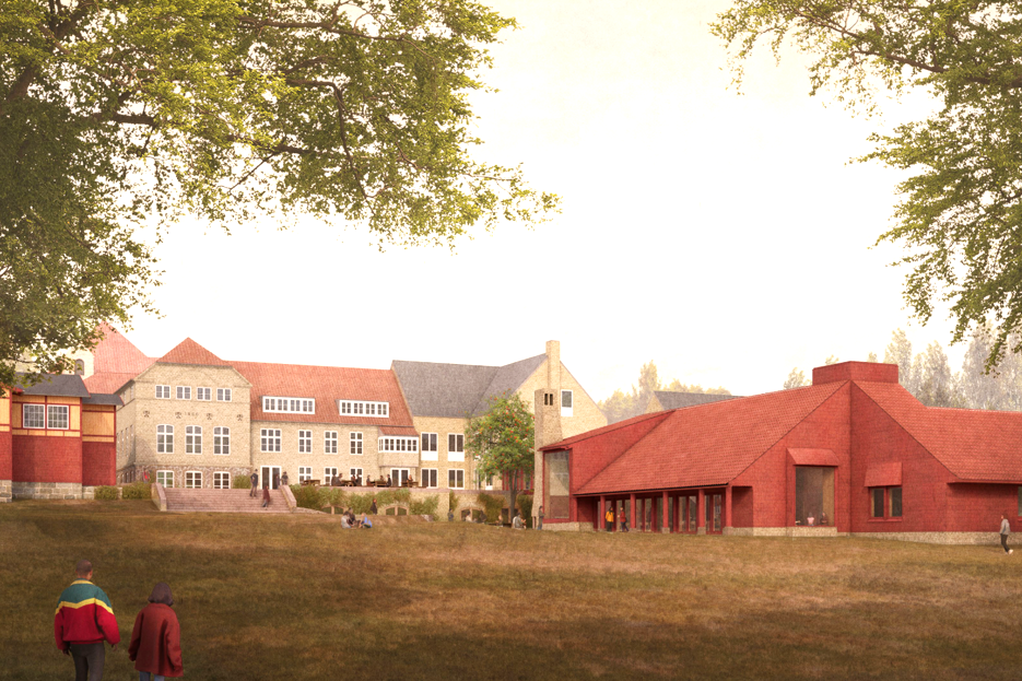 En visioalisering af den nye spisesal og produktionskøkken (til højre) på Vallekilde Højskole og samspillet med de historiske bygninger.