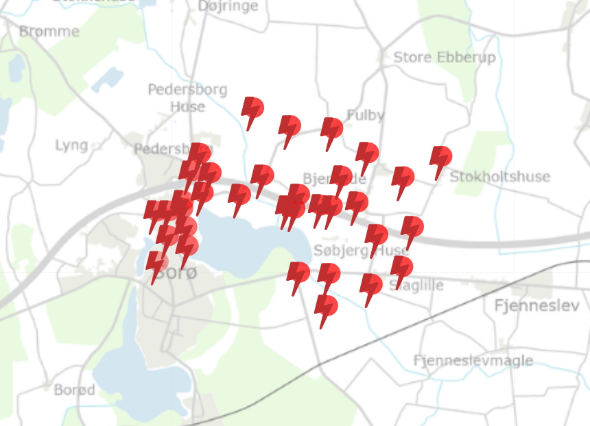 På Cerius' interaktive kort kunne man torsdag middag se en række registrerede strømafbrydelser i og omkring Sorø.