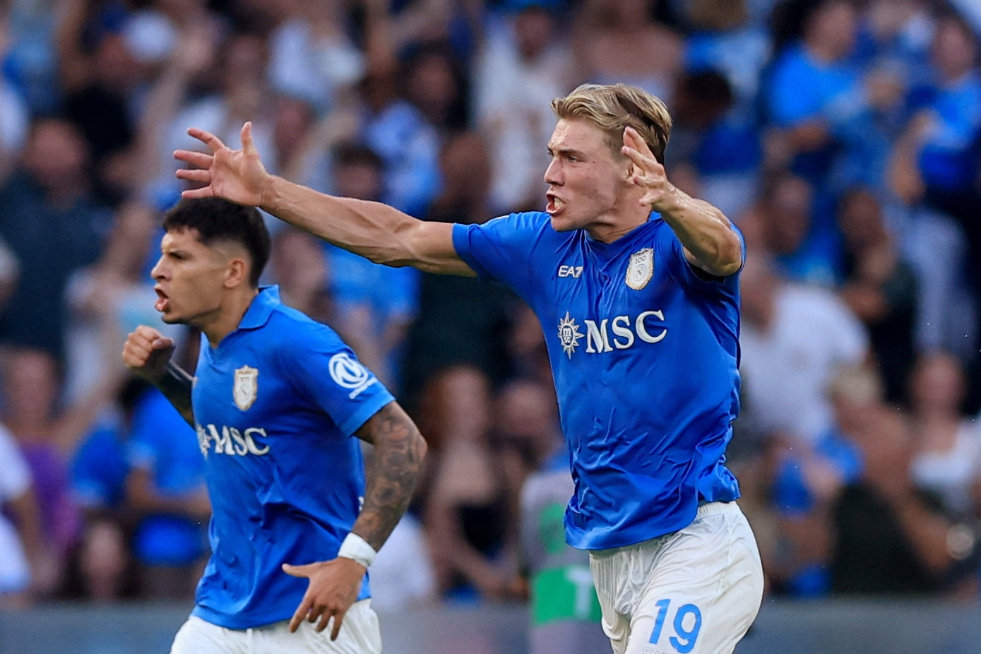 Den danske Napoli-angriber Rasmus Højlund efter sin første scoring i Serie A-sæsonen.