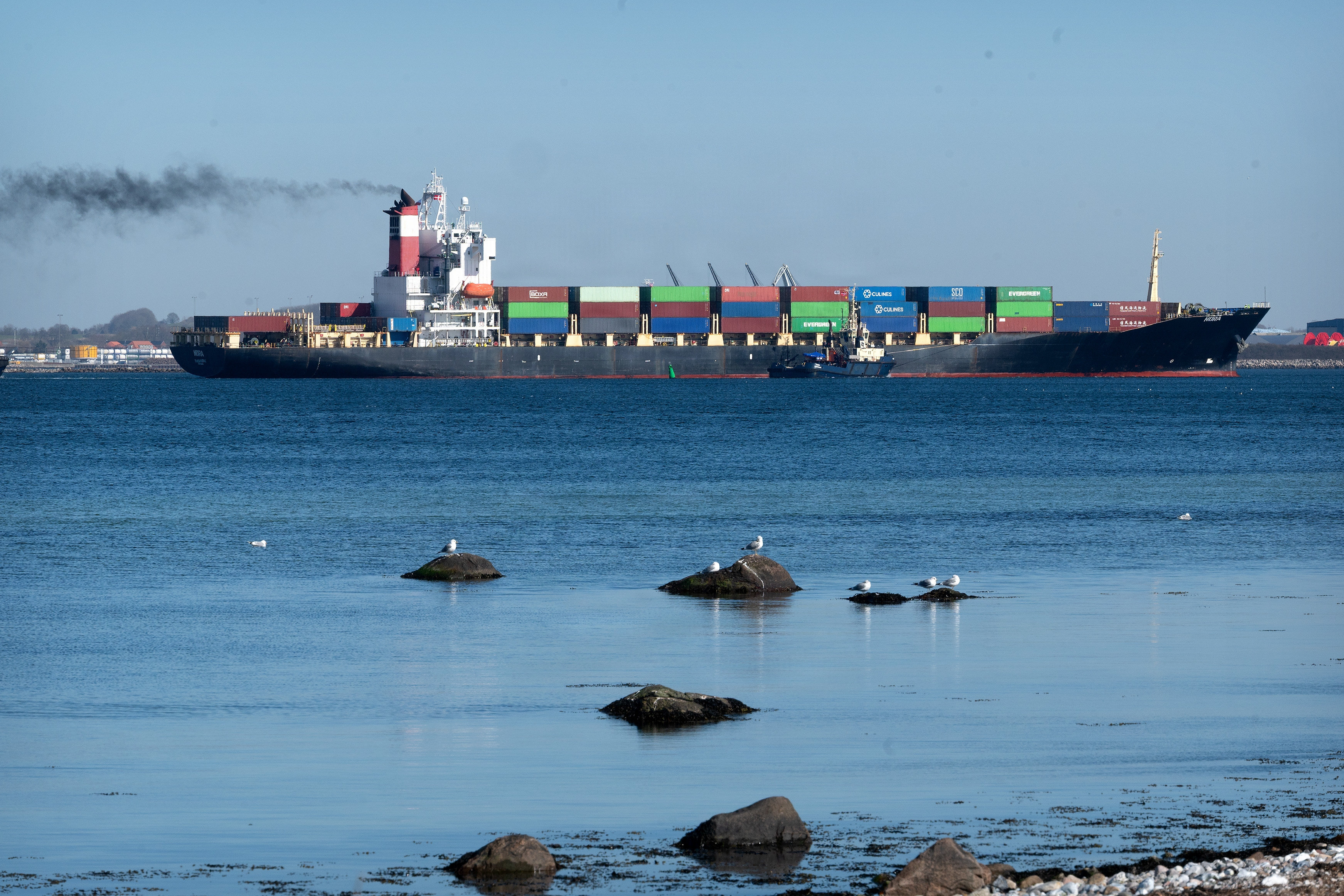 Det iranske containerskib "Nora" blev ført ind til Kalundborg Havn 18. marts i år. Regningen lyder på 8,7 millioner kroner plus moms for opholdet. (Arkivfoto: Jens Nielsen/Ritzau Scanpix).