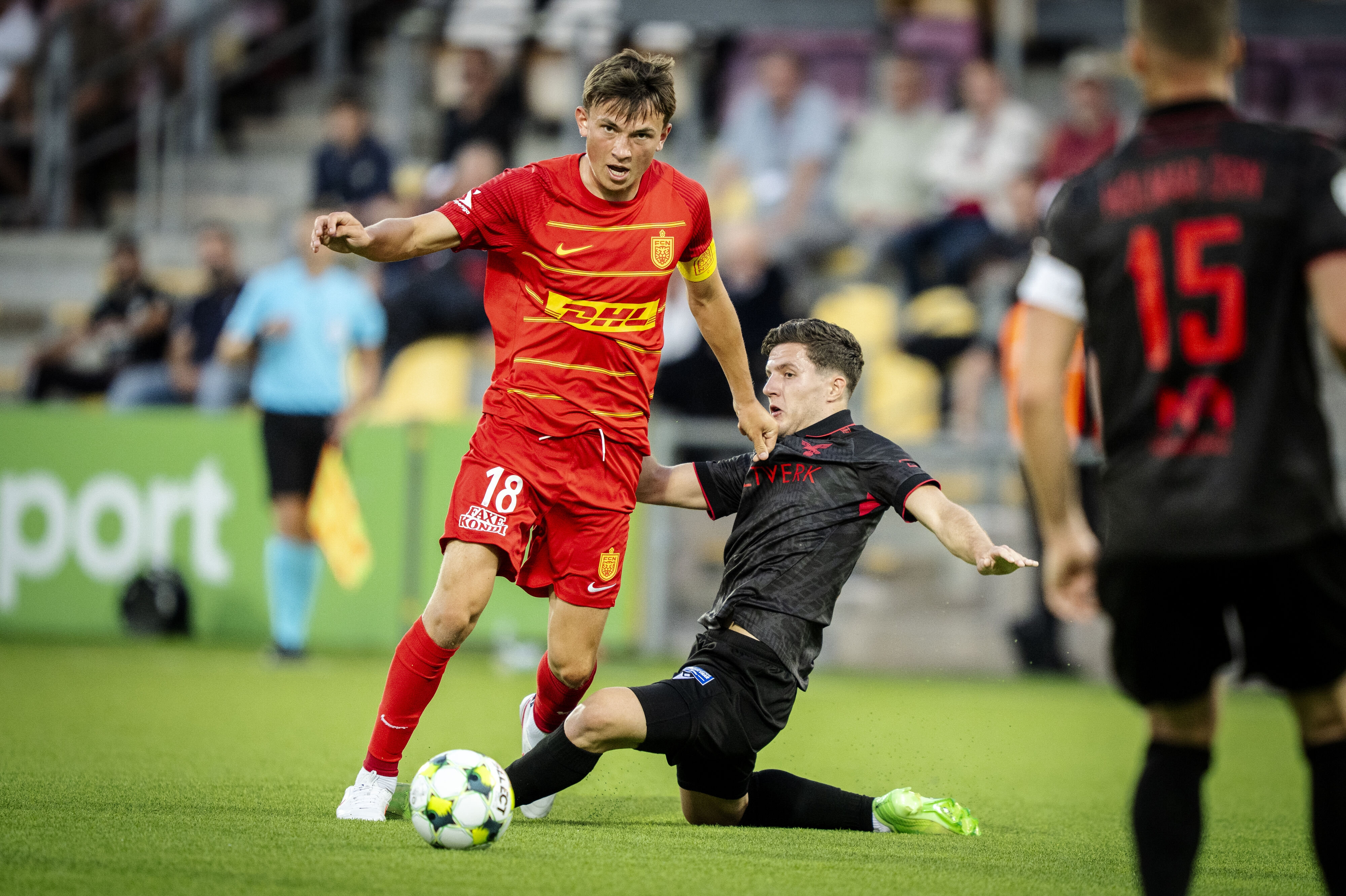 Justin Janssen har imponeret U21-landstræneren med sine præstationer for FC Nordsjælland i Conference League. Her driver han gæk med islandske Valur. (Arkivfoto).