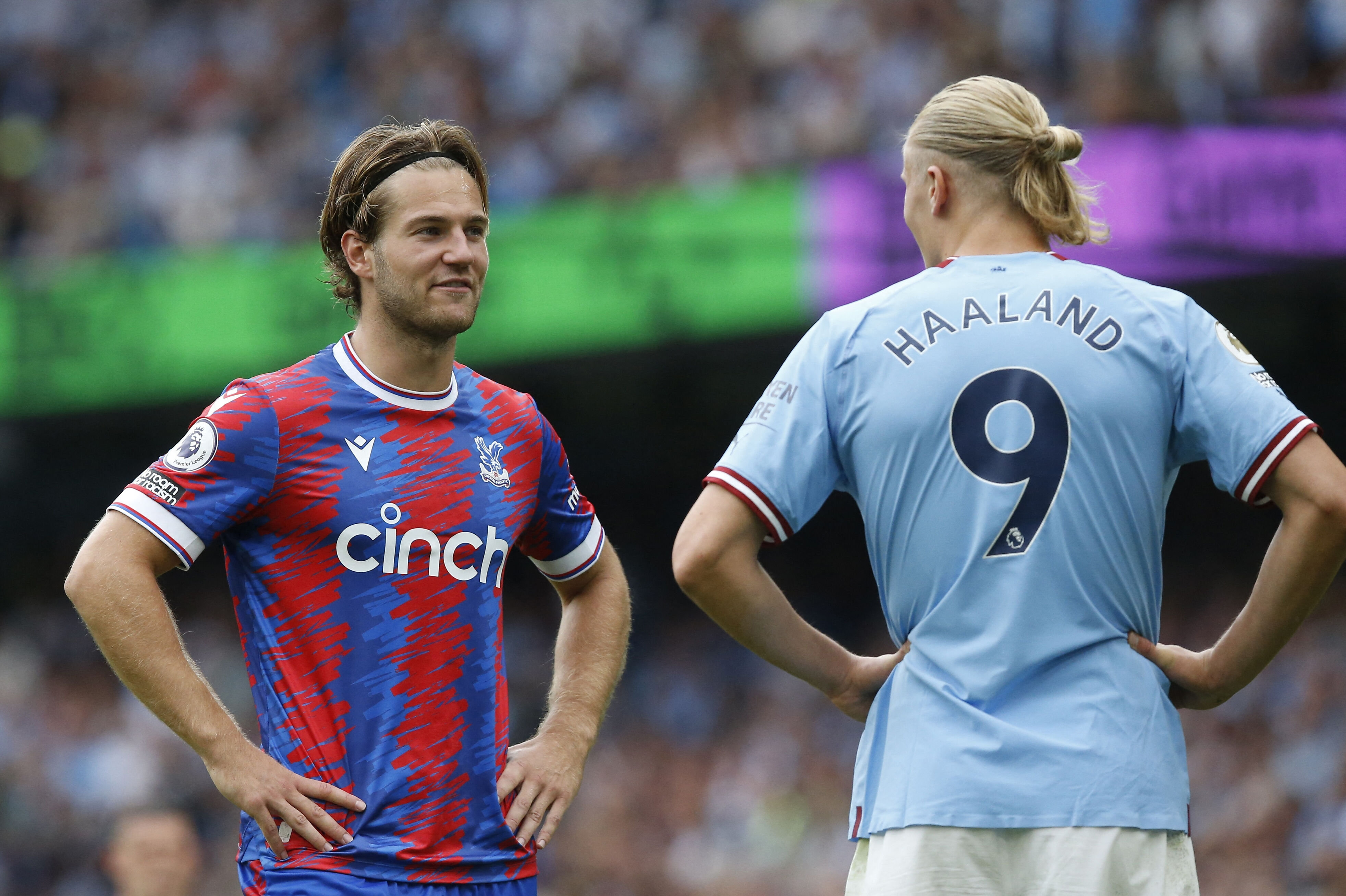 Joachim Andersen mødte første gang Manchester City-angriberen Erling Haaland i Premier League i august 2022, da danskeren spillede for Crystal Palace. Haaland scorede hattrick i den kamp, og City vandt 4-2. (Arkivfoto).