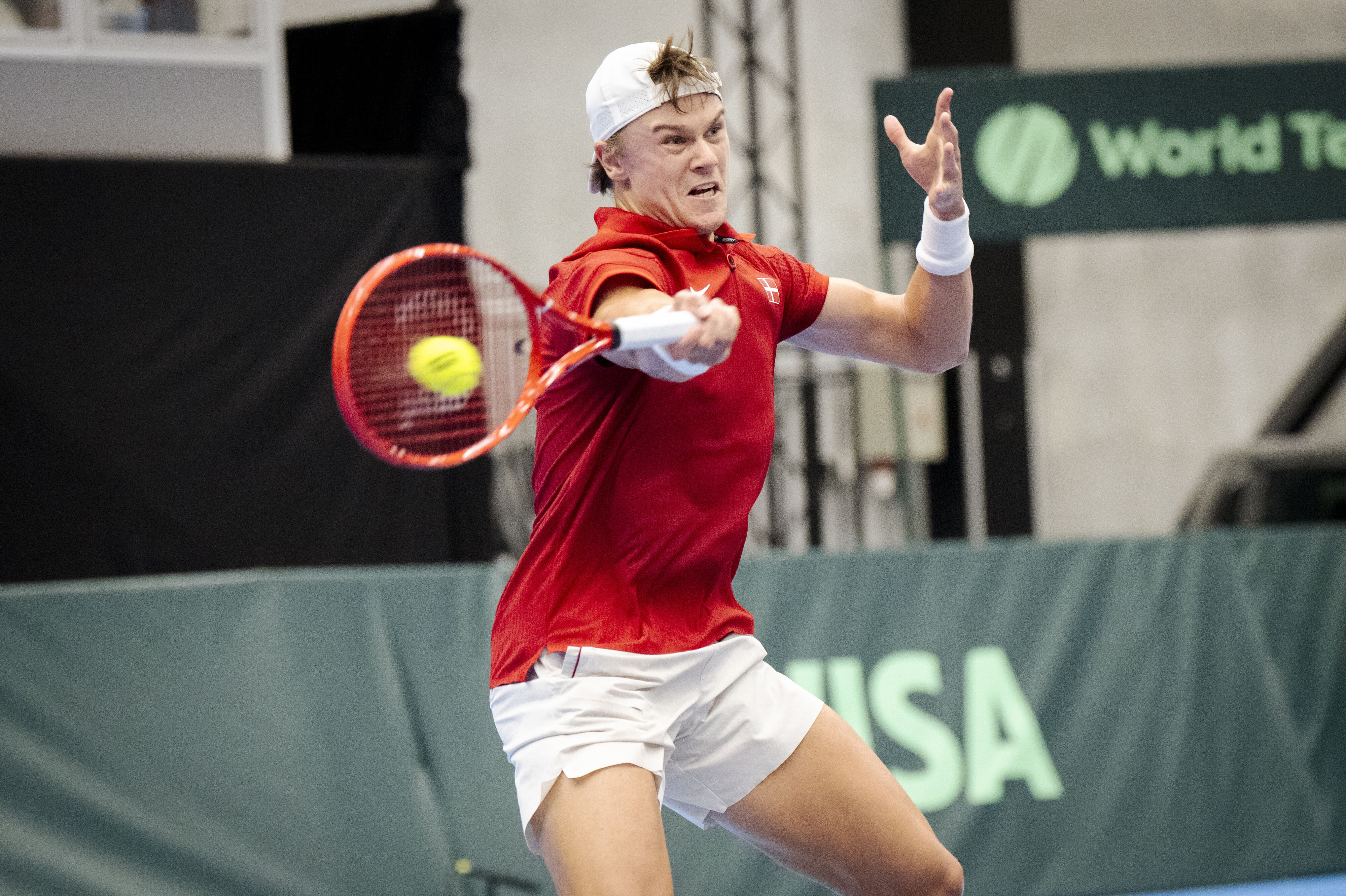 Holger Rune - her under Davis Cup-kampen mod Bulgarien - skal møde Kyrian Jacquet i Japan Open. (Arkivfoto).