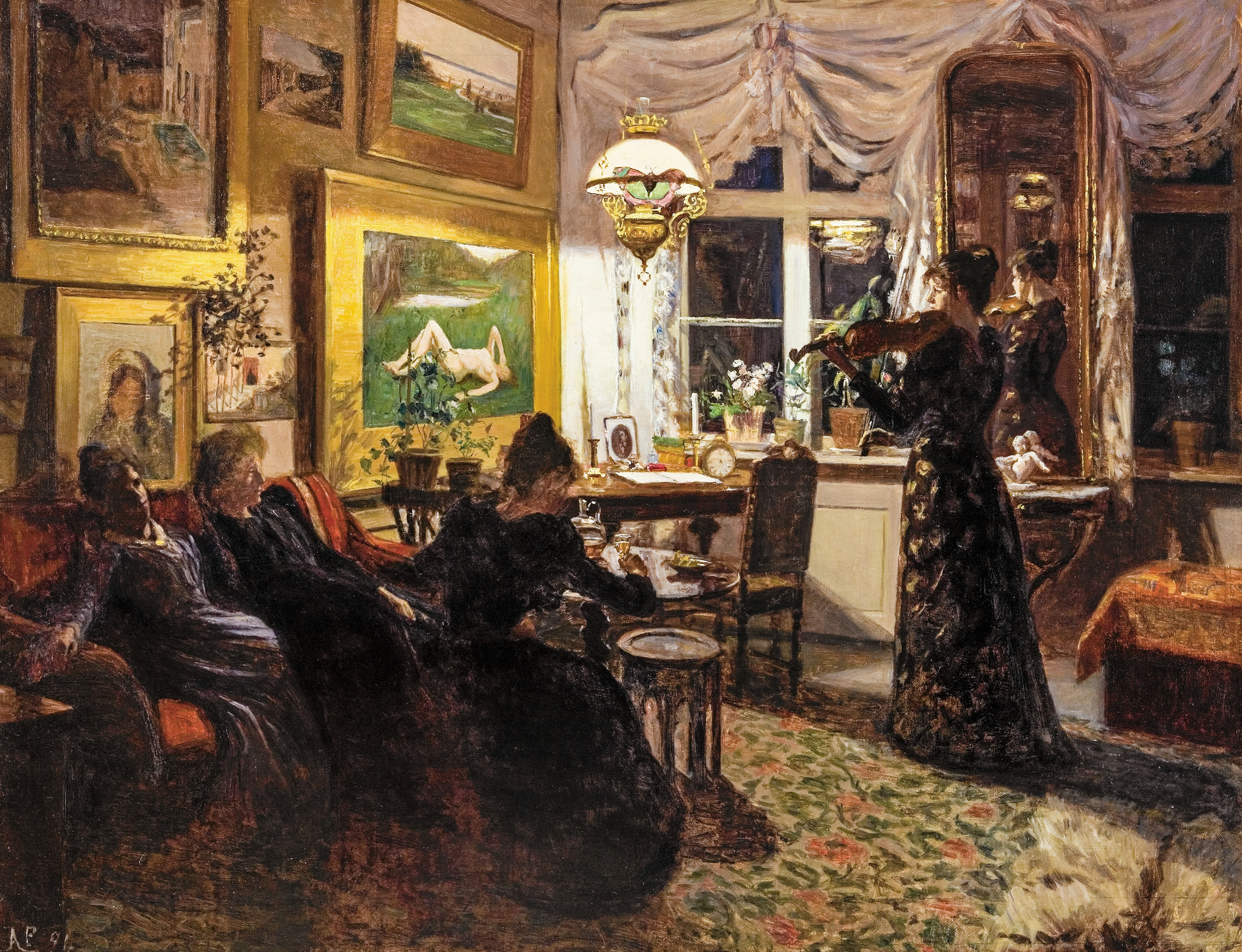 Det første af de forsvundne værker viser et aftenselskab med prominente kvindelige kunstnere som Bertha Wegmann og Jeanna Bauck.