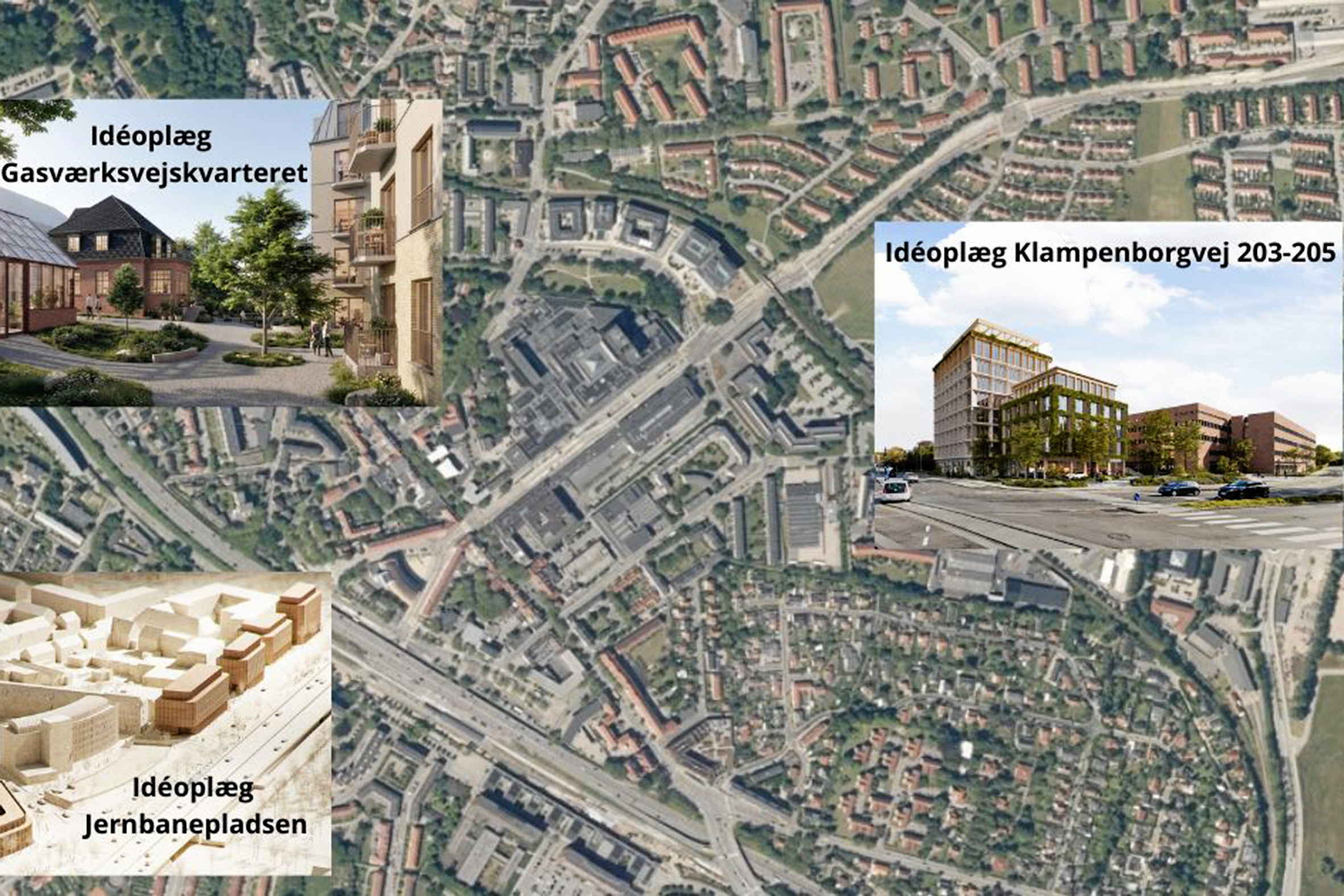 Bykort over Kgs. Lyngby centrum med indsatte visualiseringer fra idéoplæg af de tre projektområder.